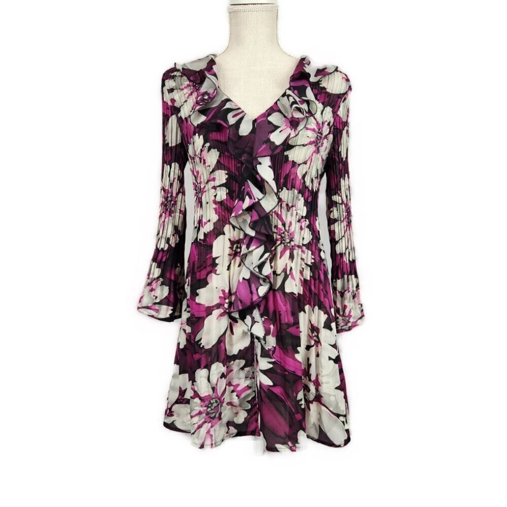 Vintage Dress Barn Long Tunic Pleated Top Woman't S Purple Floral Ruffle Flowy